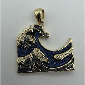 King Ice Great Wave Pendant 14K Gold Plate Blue Silver Rhinestones